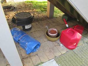 lot 16 image: Cans, Planters, Oil Pan, & Tarp...