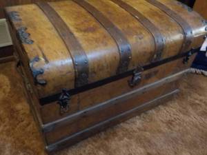 lot 63 image: Round Top Wood Trunk with Metal Acc...