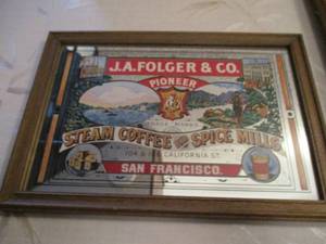 lot 541 image: JA Folger and Co Framed Mirror Sign...