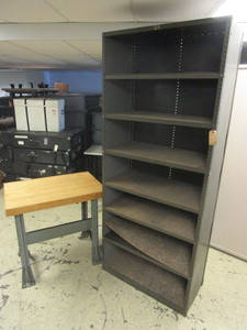 lot 421 image: STEEL SHELF UNIT, WORK TABLE WITH SOLID WOOD TOP