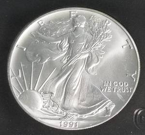 1991 AMERICAN SILVER EAGLE 1 TROY OZ. .999 FINE SILVER BLACK SLAB