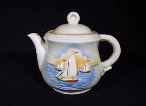 lot 60 image: Vintage Porcelier Vitreous China Teapot Nautical Sailboat