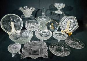 lot 99 image: Lot of 14 Crystal and Glass Bowls and Serving Pieces