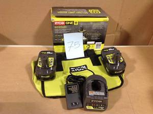 lot 75 image: RYOBI 18-Volt ONE Lithium-Ion High Capacity 4.0 Ah Battery (2-Pack) Starter Kit with Charger and Bag in good condition