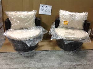 lot 116 image: Kono Brown 2-Piece Wicker Patio Chairs  with Beige Cushions