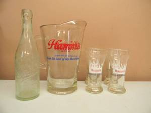 lot 13 image: ANTIQUE PRE PROHIBITION HAMM ST. PAUL BEER EMBOSSED BOTTLE & VINTAGE HAMMS BEER PITCHER & 4 GLASSES FROM THE LAND OF SKY BLUE WATERS - SEE PICTURES