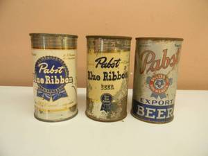 lot 42 image: 3 VINTAGE STEEL PUNCH TOP PABST BLUE RIBBON BEER CANS - SEE PICTURES