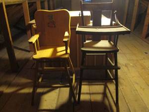 Two vintage highchairs and vintage crib