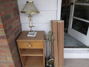 Wood stand, lamp and fireplace tool...