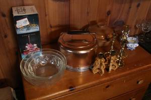 Vintage cake carrier, cut glass mixing bowls, and other home dcor