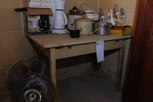 Vintage table and kitchen items, fans