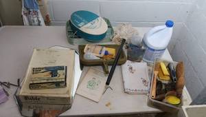 Vintage enamel table, cleaning and household supplies