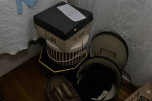 Hats in hat boxes, vintage wicker purse