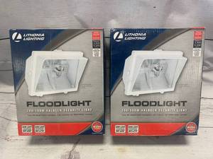 lot 15 image: Lot of 2 Lithonia 300 to 500 Watt Halogen Security Lights White ($37 each on Amazon)