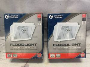 lot 16 image: Lot of 2 Lithonia 300 to 500 Watt Halogen Security Lights White ($37 each on Amazon)