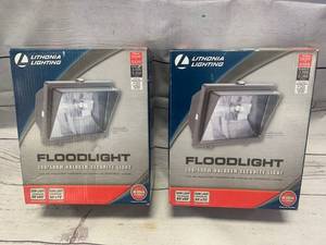 lot 18 image: Lot of 2 Lithonia 300 to 500 Watt Halogen Security Lights Gray ($37 each on Amazon)