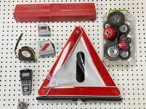 lot 43 image: Tape Measures, Wire Brushes & Emergency Sign