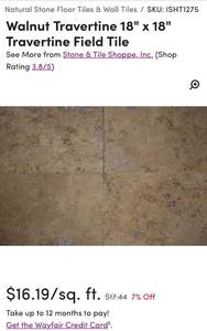 lot 33 image: Lot of 8 Travertine Tile 18 sq ft. ($291.42 retail)