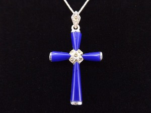 .925 Sterling Silver Art Nouveau Blue Cross Pendant Necklace