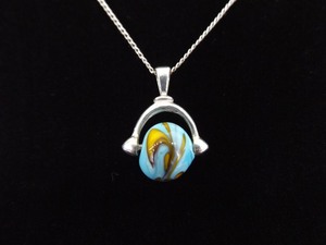 .925 Sterling Silver Glass Blue Marble Swirl Pendant Necklace