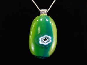 .925 Sterling Silver Murano Millefiori Green Glass Cabochon Pendant Necklace