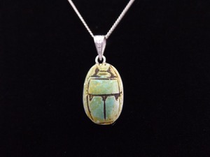 .925 Sterling Silver Carved Green Agate Scarab Pendant Necklace