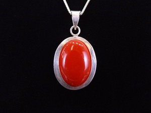 .925 Sterling Silver Large Red Coral Cabochon Pendant Necklace