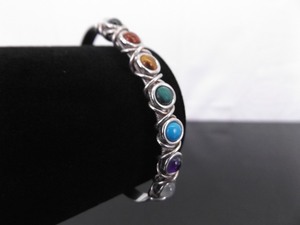 .925 Sterling Silver Multi Stone Cabochon Open Cuff Bracelet