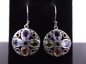 .925 Sterling Silver Multi Colored Oval Cut Crystal Dangle Hook Earrings
