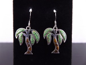 .925 Sterling Silver Inlayed Turquoise and Tigers Eye Palm Tree Dangle Hook Earrings