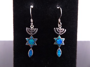 .925 Sterling Silver Inlayed Opal Hanukkah Dangle Hook Earrings