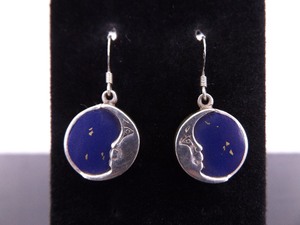 .925 Sterling Silver Lapis Lazuli Moon Dangle Hook Earrings