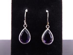 .925 Sterling Silver Pear Cut Amethyst Crystal Dangle Hook Earrings