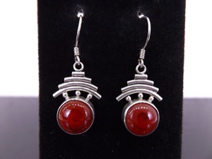 .925 Sterling Silver Carnelian Cabochon Dangle Hook Earrings