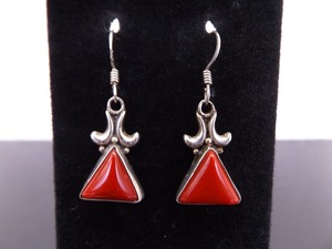 .925 Sterling Silver Red Coral Triangle Dangle Hook Earrings