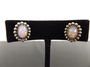 .925 Sterling Silver Pink Foil Cabochon Screw Back Earrings