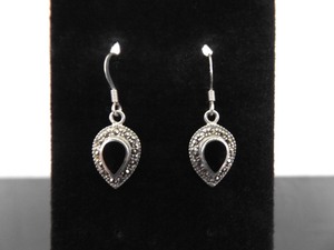 .925 Sterling Silver Art Nouveau Inlayed Onyx Hook Dangle Earrings