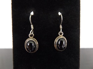 .925 Sterling Silver Black Onyx Cabochon Dangle Hook Earrings