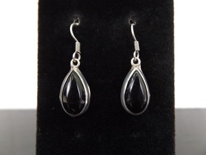 .925 Sterling Silver Black Onyx Pear Cabochon Dangle Hook Earrings