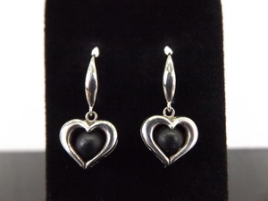 .925 Sterling Silver Black Balled Heart Dangle Hook Earrings