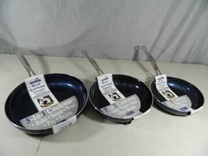 lot 15 image: 3 New Blue Sapphire Ceramic Coated Fry Pans
