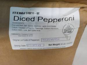 lot 154 image: 30 lb. Box Frozen Diced Pepperoni...