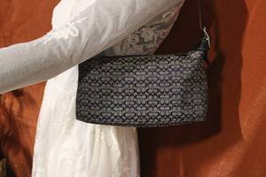 lot 71 image: Mini Coach Baguette Small Hobo Bag Purse Handbag Navy and Gray Logo