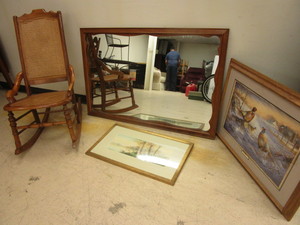 lot 511 image: ROCKING CHAIR, WALL MIRROR, SAM TIMM PHEASANT PRINT,  GUSTAVE REIMAN NATURE PRINT
