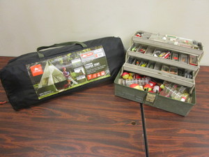 lot 531 image: OZARK TRAIL 7-PERSON TEEPEE TENT, TACKLE BOX WITH ASSORTED LURES