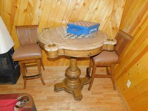 lot 4 image: Chess  Checkers Marble Table with Four Chairs