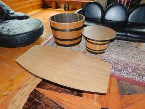 lot 10 image: Wood Planter  Barrel Coffee Table  Wood Planter Stand