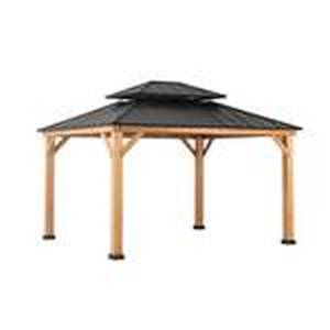 lot 199 image: Sunjoy Archwood 12 ft. x 10 ft. Cedar Frame Gazebo with Double Tier Steel Roof Hardtop, A102007500
