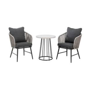 lot 213 image: Hampton Bay Paden 3-Piece Wicker Outdoor Patio Bistro Set with Grey Cushion, A203005200. MISSING HARDWARE.