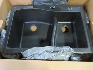 lot 215 image: Karran Drop-In Quartz Composite 33 in. 1-Hole 6040 Double Bowl Kitchen Sink in Black - Mis-Drilled, Slight Corner Scratch